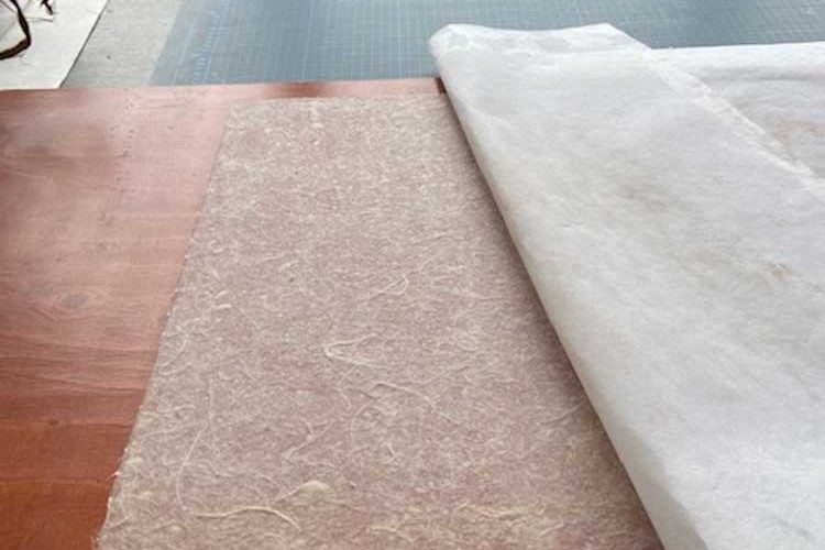 het vel afgekoetst op een houten droogplank